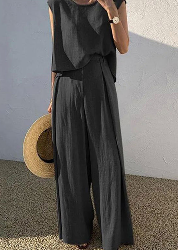 Khaki Two O-Neck Leg Wide Boutique Set Shirt T Pieces Pants And