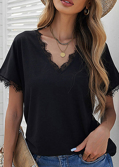 White Shirt Short V Sleeve T Patchwork Brief Lace Solid Neck