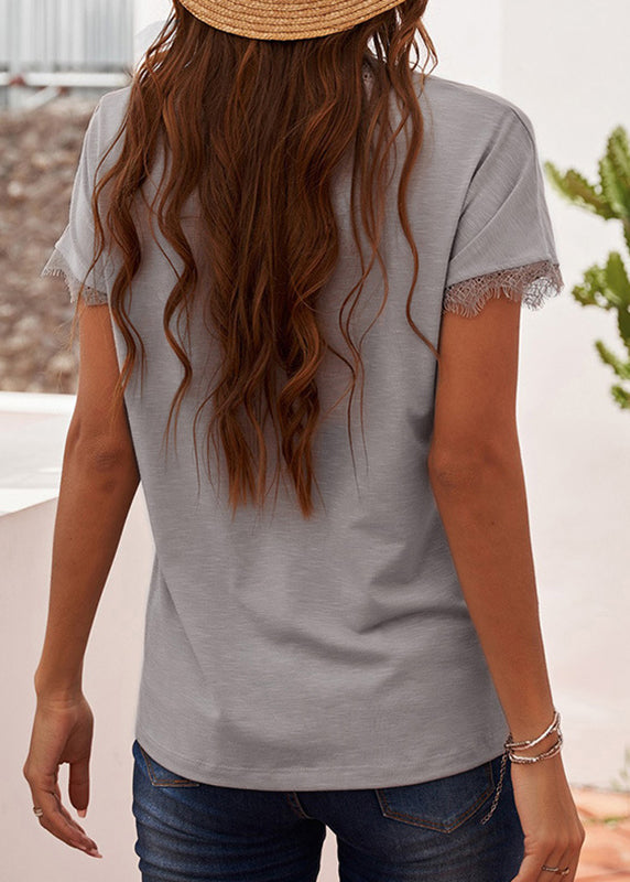 White Shirt Short V Sleeve T Patchwork Brief Lace Solid Neck