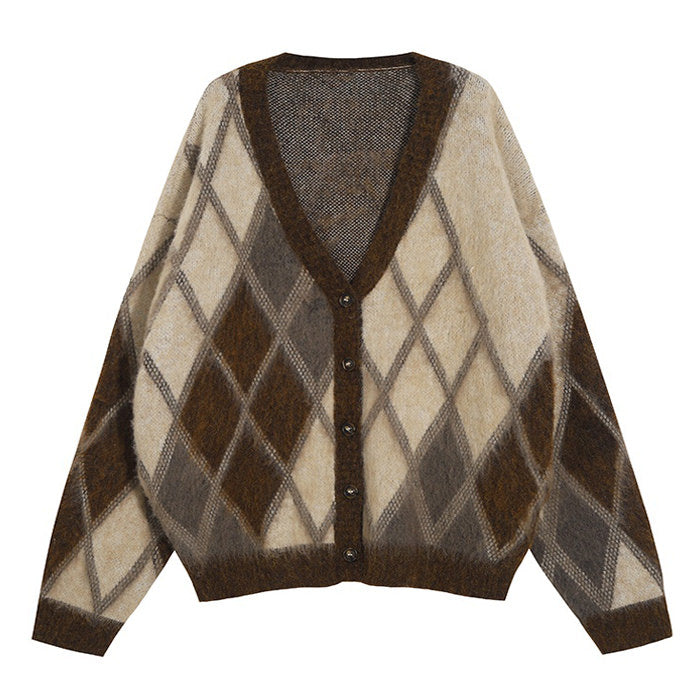 Brown Argyle Fuzzy Cardigan