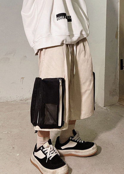 Men Zip Up Casual Shorts Oversized Cotton Summer Beige Pockets