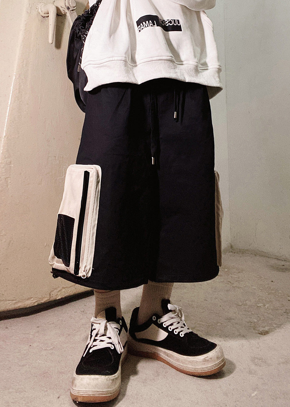 Men Zip Up Casual Shorts Oversized Cotton Summer Beige Pockets