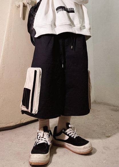 Men Zip Up Casual Shorts Oversized Cotton Summer Beige Pockets