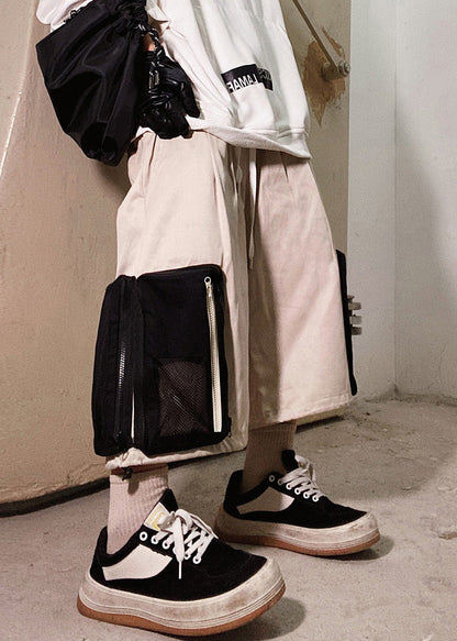 Men Zip Up Casual Shorts Oversized Cotton Summer Beige Pockets