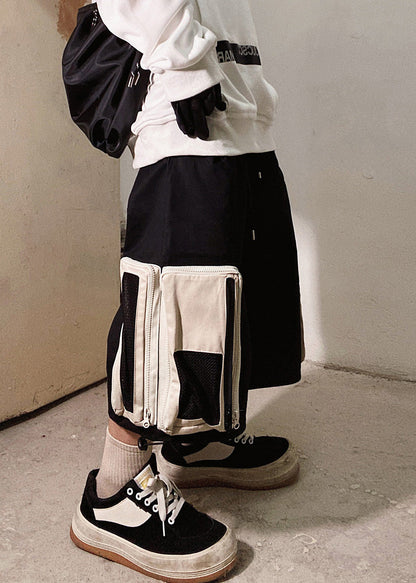 Men Zip Up Casual Shorts Oversized Cotton Summer Beige Pockets