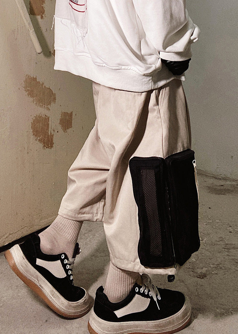 Men Zip Up Casual Shorts Oversized Cotton Summer Beige Pockets