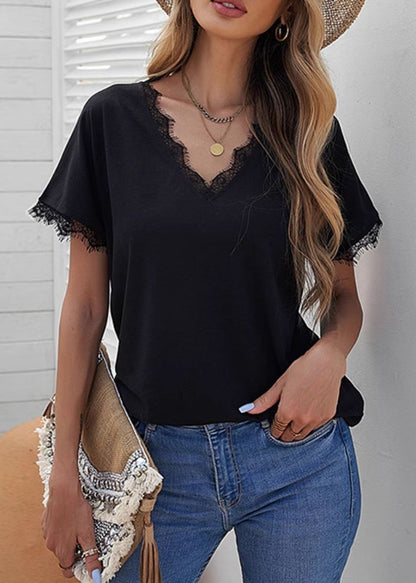 Black Solid Patchwork Casual Short Sleeve T Lace Shirt