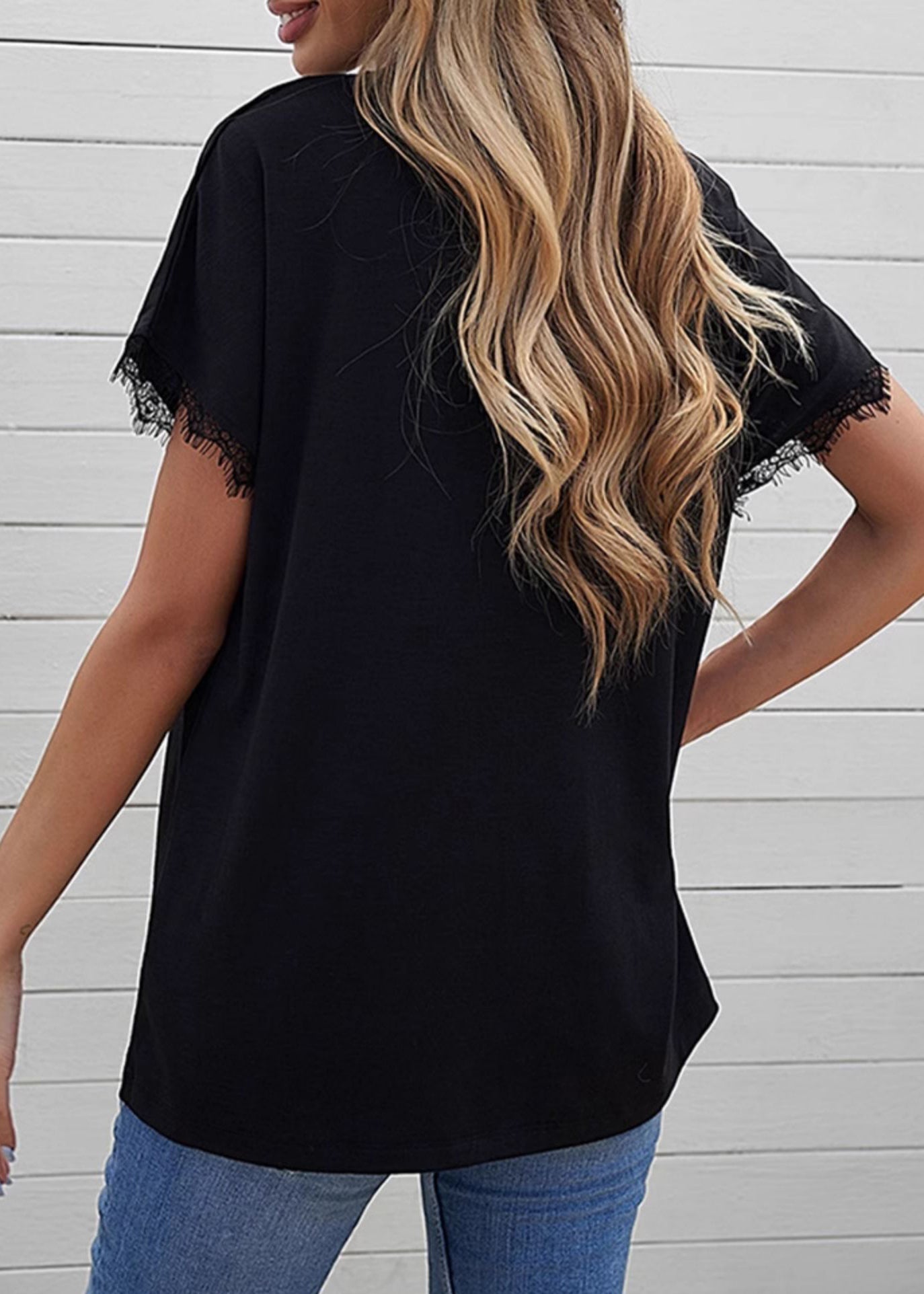 Black Solid Patchwork Casual Short Sleeve T Lace Shirt