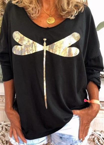 Long O Neck Black Print Cotton Sweatshirts Sleeve Casual