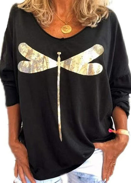 Long O Neck Black Print Cotton Sweatshirts Sleeve Casual