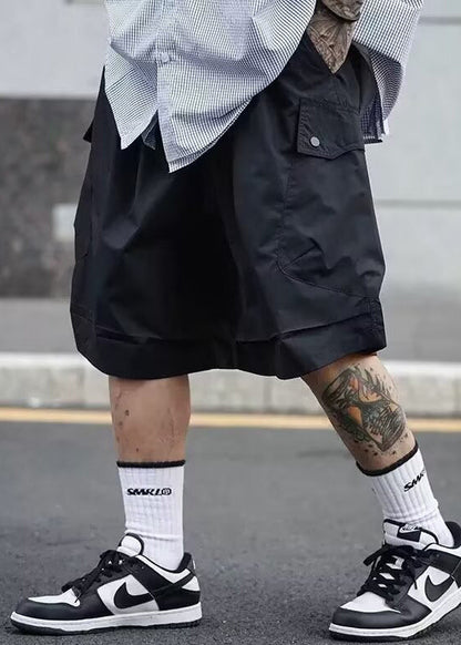 Summer Pockets Cotton Men Solid Waist Shorts Elastic Black Casual