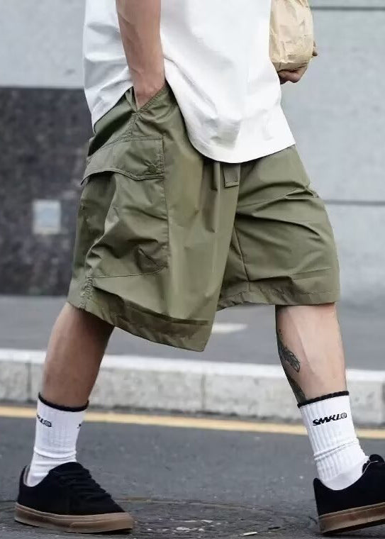 Summer Pockets Cotton Men Solid Waist Shorts Elastic Black Casual