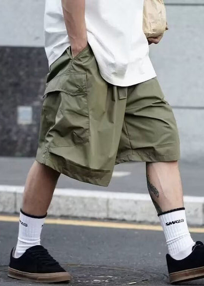 Summer Pockets Cotton Men Solid Waist Shorts Elastic Black Casual