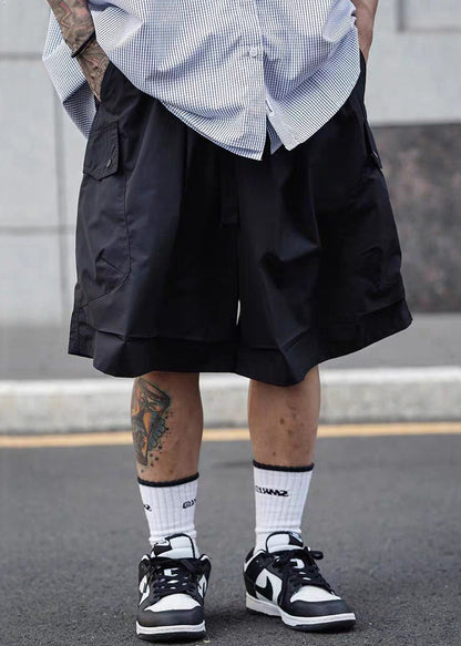 Summer Pockets Cotton Men Solid Waist Shorts Elastic Black Casual