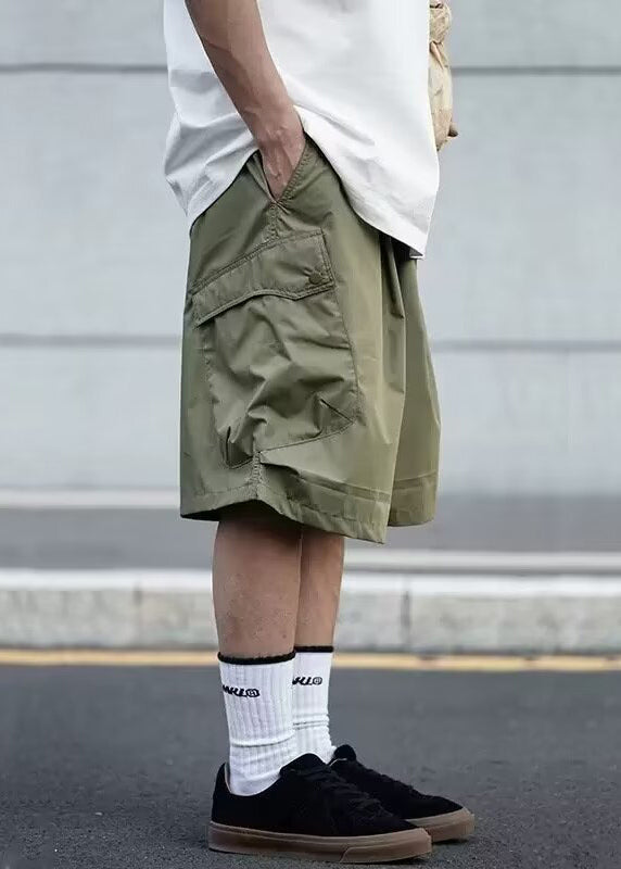 Summer Pockets Cotton Men Solid Waist Shorts Elastic Black Casual