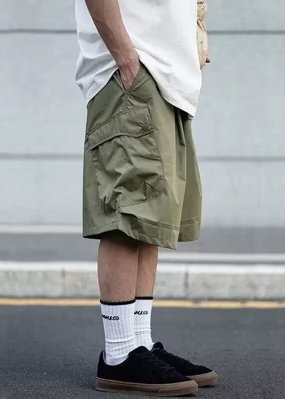 Summer Pockets Cotton Men Solid Waist Shorts Elastic Black Casual