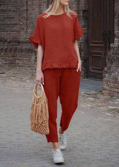 Two Patchwork Black Casual And Ruffled Pants Solid Top Crop