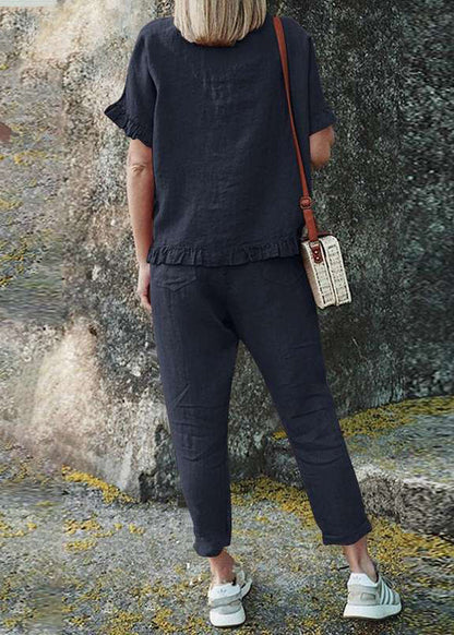 Two Patchwork Black Casual And Ruffled Pants Solid Top Crop