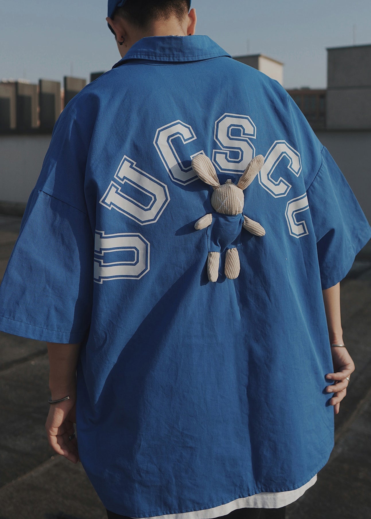 Men Sleeve Blue Oversized Letter Shirts Cotton Patchwork Half T Casual