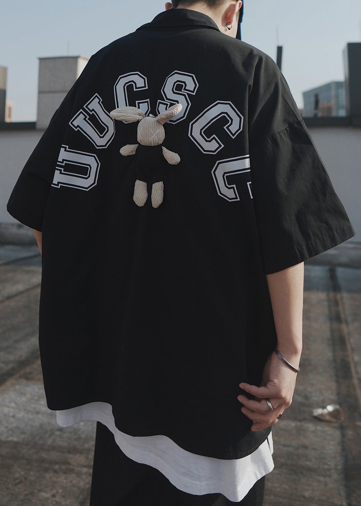 Men Sleeve Blue Oversized Letter Shirts Cotton Patchwork Half T Casual