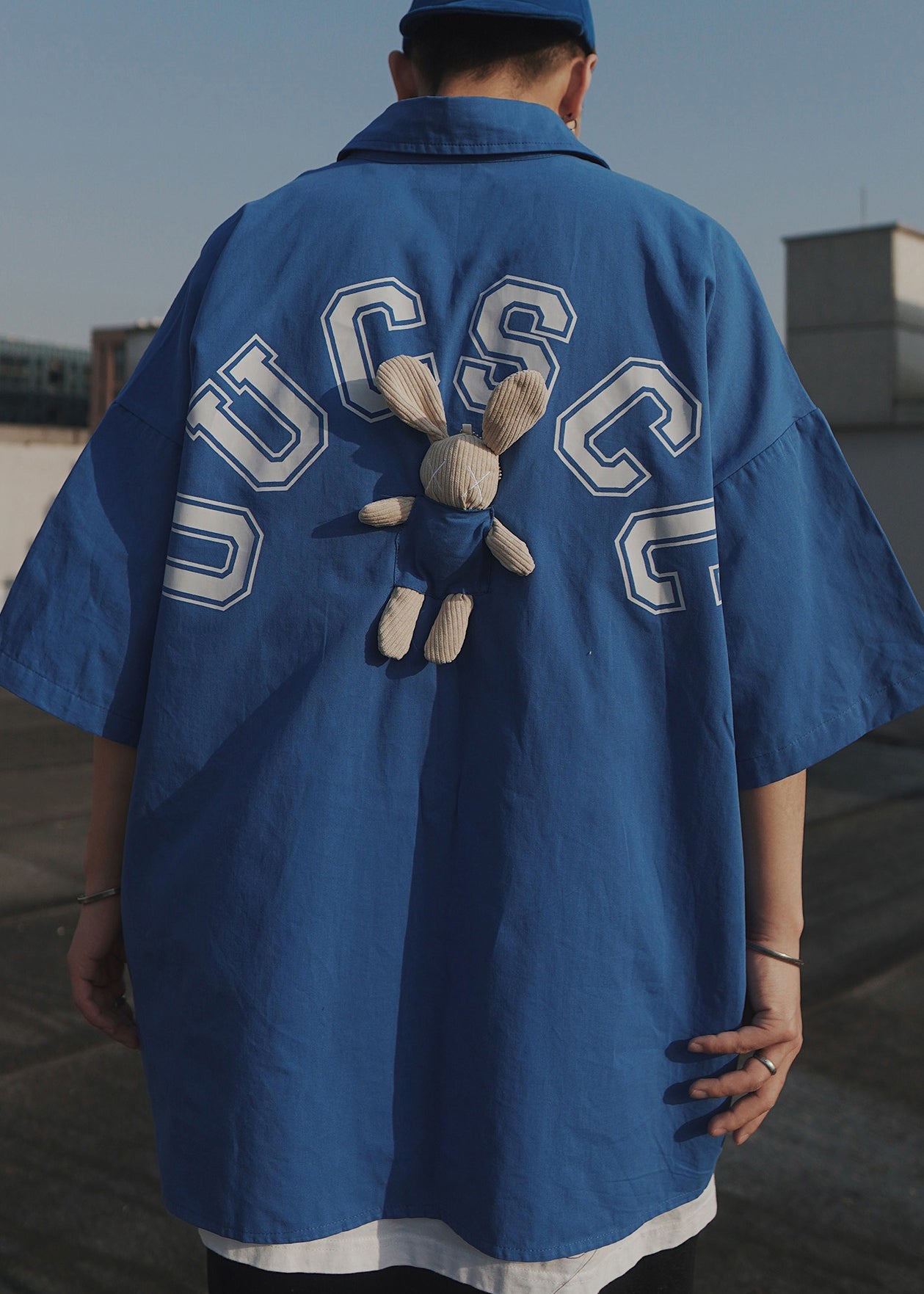 Men Sleeve Blue Oversized Letter Shirts Cotton Patchwork Half T Casual