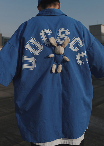 Men Sleeve Blue Oversized Letter Shirts Cotton Patchwork Half T Casual