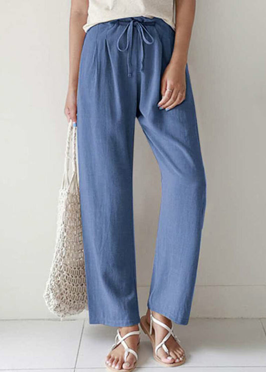 Pants Pockets Summer Lace Up Cotton Casual Blue