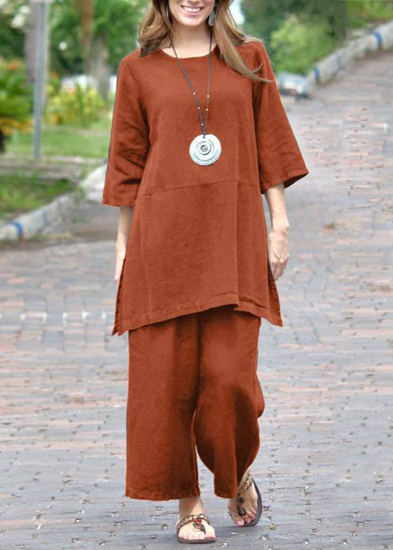 And Casual Caramel Set Pieces Pants O-Neck Top Side Open Crop Two