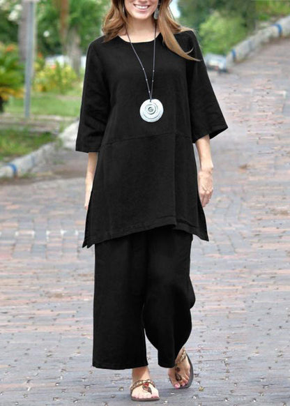 And Casual Caramel Set Pieces Pants O-Neck Top Side Open Crop Two