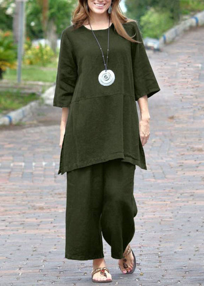 And Casual Caramel Set Pieces Pants O-Neck Top Side Open Crop Two