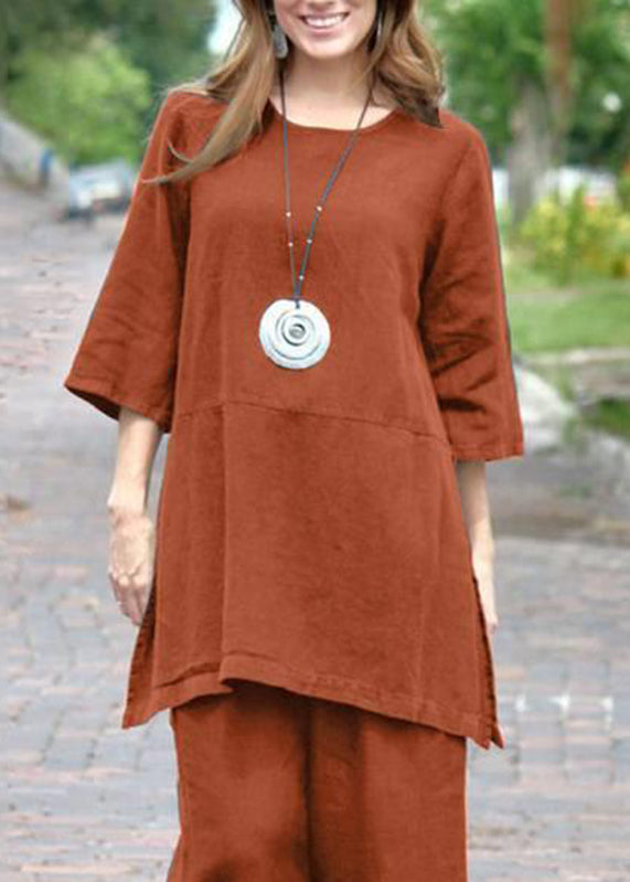 And Casual Caramel Set Pieces Pants O-Neck Top Side Open Crop Two