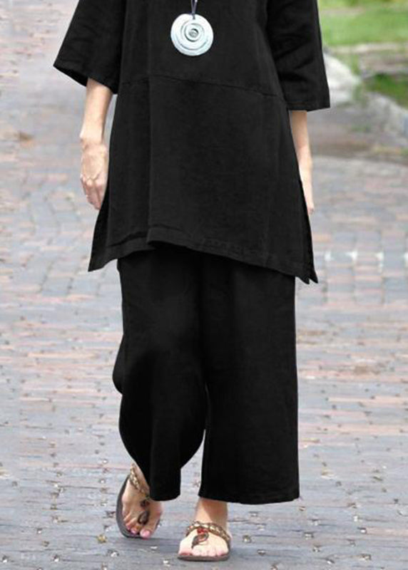 And Casual Caramel Set Pieces Pants O-Neck Top Side Open Crop Two