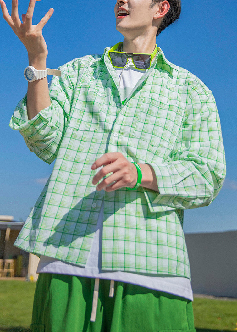 Oversized Cotton Plaid Casual Button Green Men Shirts Spring