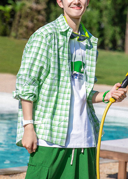 Oversized Cotton Plaid Casual Button Green Men Shirts Spring
