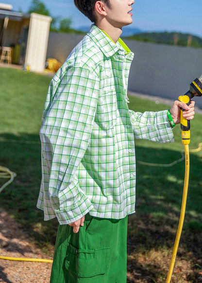 Oversized Cotton Plaid Casual Button Green Men Shirts Spring