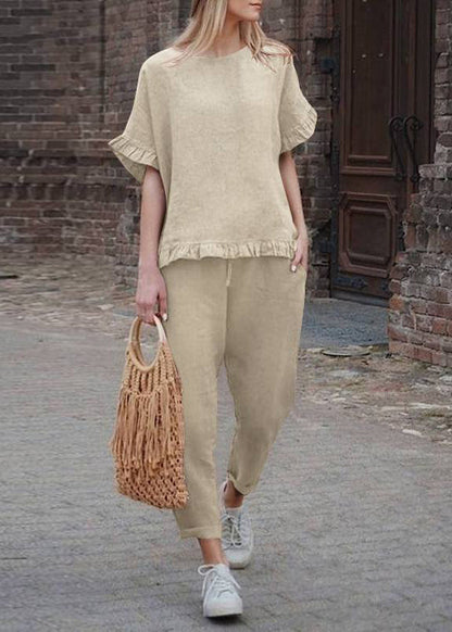 Ruffled Pieces Pants Patchwork Casual Crop Two Khaki Top And Set