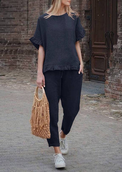 Ruffled Pieces Pants Patchwork Casual Crop Two Khaki Top And Set