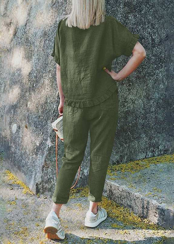 Ruffled Pieces Pants Patchwork Casual Crop Two Khaki Top And Set