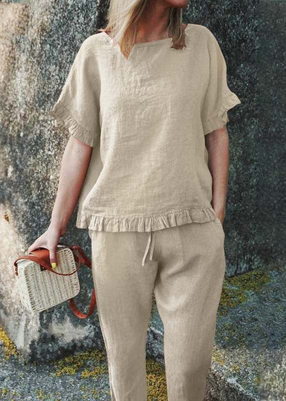 Ruffled Pieces Pants Patchwork Casual Crop Two Khaki Top And Set