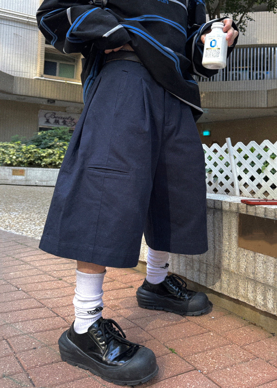 Crop Pockets Casual Waist High Navy Summer Men Pants Cotton