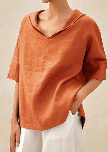 O-Neck Open Side Shirts Orange Short Casual Sleeve