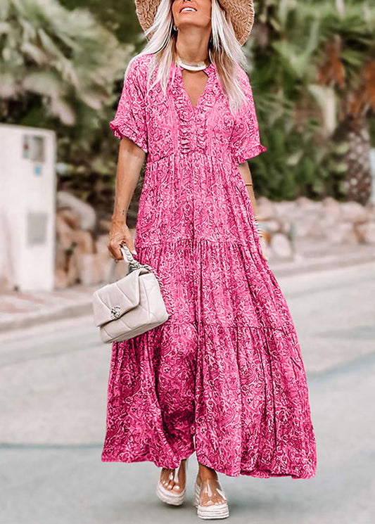 Neck Long Dresses Casual V Summer Pink Print