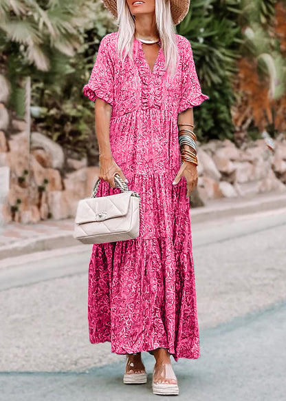 Neck Long Dresses Casual V Summer Pink Print