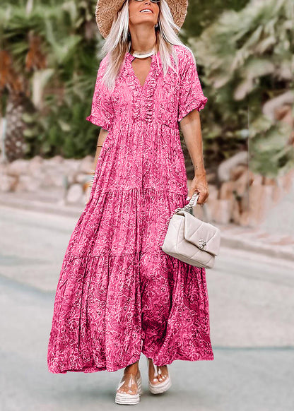 Neck Long Dresses Casual V Summer Pink Print