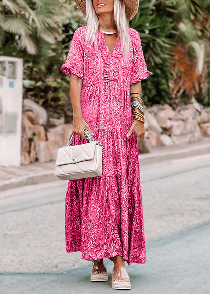 Neck Long Dresses Casual V Summer Pink Print