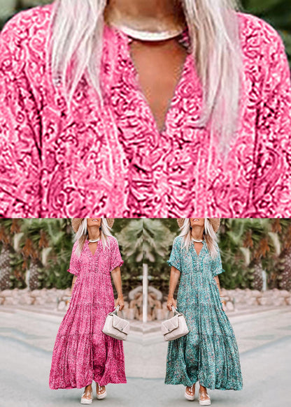 Neck Long Dresses Casual V Summer Pink Print