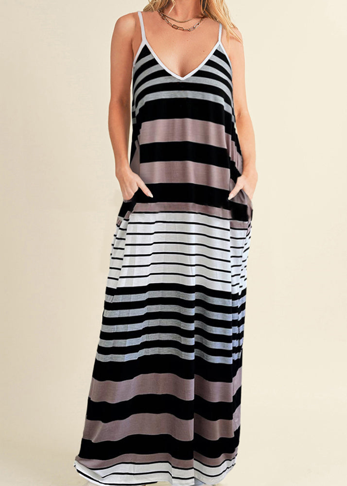 Maxi Dress Summer Striped Neck Casual Pockets Strap V Spaghetti