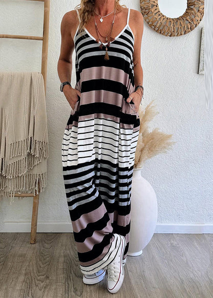 Maxi Dress Summer Striped Neck Casual Pockets Strap V Spaghetti