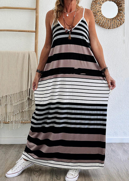 Maxi Dress Summer Striped Neck Casual Pockets Strap V Spaghetti