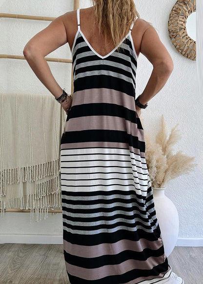 Maxi Dress Summer Striped Neck Casual Pockets Strap V Spaghetti